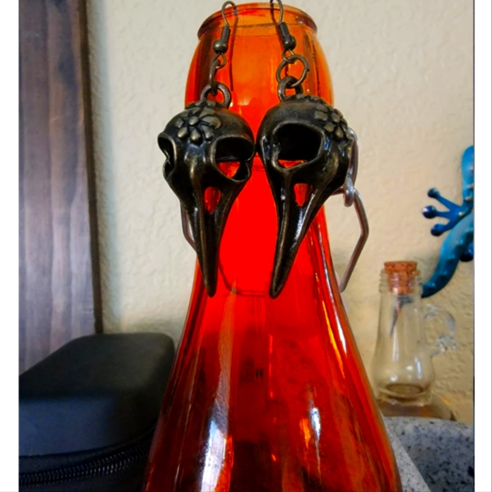 Cute brass bird skull earrings